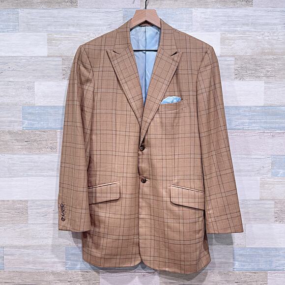 Holland & Sherry Bespoke Peak Lapel Sport Coat Tan Plaid Savile Row Mens 38R - Picture 1 of 8